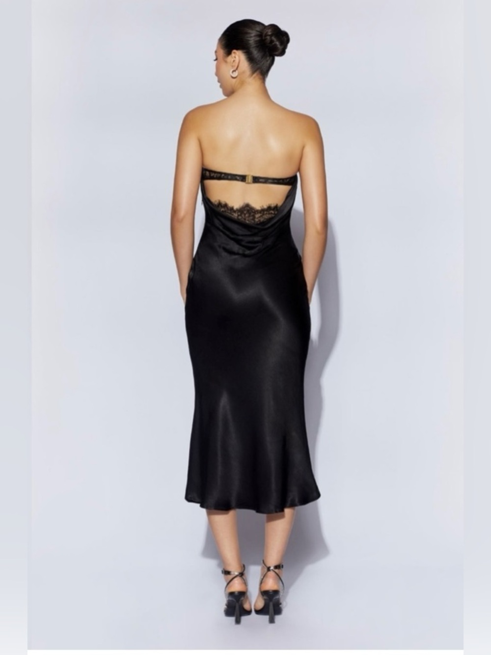 Meshki Strapless Black Satin Midi Dress